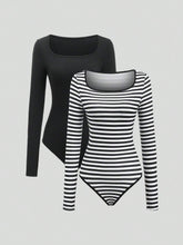 2pcs Black & Black-White Striped Square Neck Long Sleeve Bodysuit Set